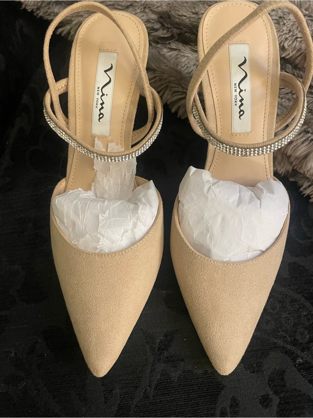 Nina Shoes Girls Beige Pointed-Toe Rhinestone Ankle-Strap Heels